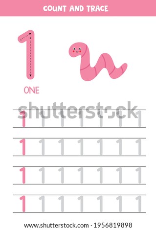 Numbers tracing practice. Writing number one. Cute worm.