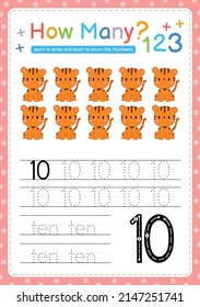 Numbers tracing template by counting Baby Animal Number 10