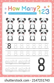 Numbers tracing template by counting Baby Animal Number 8