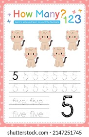 Numbers tracing template by counting Baby Animal Number 5