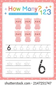 Numbers tracing template by counting Baby Animal Number 6