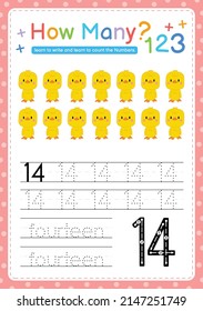 Numbers tracing template by counting Baby Animal Number 14