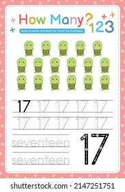 Numbers tracing template by counting Baby Animal Number 17