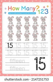 Numbers tracing template by counting Baby Animal Number 15