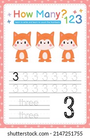 Numbers tracing template by counting Baby Animal Number 3
