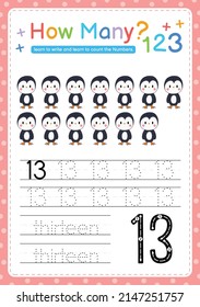 Numbers tracing template by counting Baby Animal Number 13