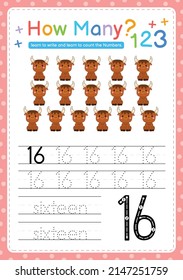 Numbers tracing template by counting Baby Animal Number 16