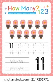 Numbers tracing template by counting Baby Animal Number 11
