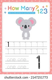 Numbers tracing template by counting Baby Animal Number 1