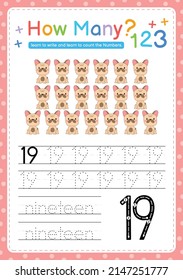 Numbers tracing template by counting Baby Animal Number 19