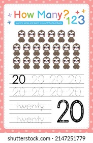 Numbers tracing template by counting Baby Animal Number 20