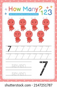 Numbers tracing template by counting Baby Animal Number 7