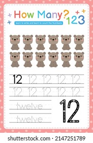 Numbers tracing template by counting Baby Animal Number 12