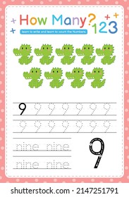 Numbers tracing template by counting Baby Animal Number 9