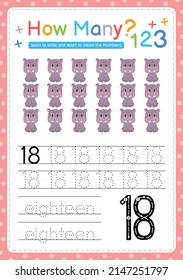 Numbers tracing template by counting Baby Animal Number 18