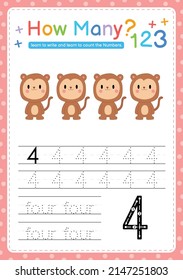 Numbers tracing template by counting Baby Animal Number 4