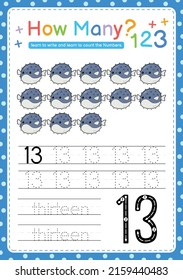 Numbers tracing template by counting sea fish marine