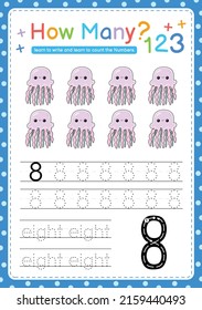 Numbers tracing template by counting sea fish marine
