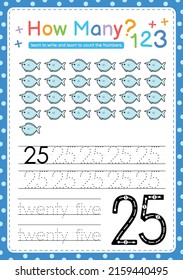 Numbers tracing template by counting sea fish marine