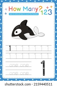 Numbers tracing template by counting sea fish marine