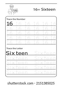 Numbers Tracing Worksheet for kids. Preschool worksheet. tracing dashed lines. Basic writing practise for kindergarten kids. kids activity book. number sixteen 16