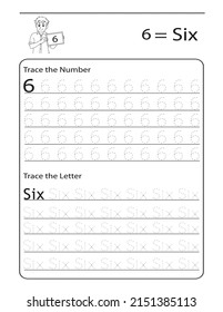 Numbers Tracing Worksheet for kids. Preschool worksheet. tracing dashed lines. Basic writing practise for kindergarten kids. kids activity book. number six 6