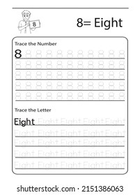 Numbers Tracing Worksheet for kids. Preschool worksheet. tracing dashed lines. Basic writing practise for kindergarten kids. kids activity book. number eight 8