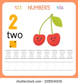 Numbers tracing worksheet for preschool and kindergarten. Writing number Two. Exercises for kids. Mathematics games. Vector illustration