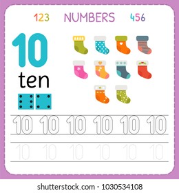 Numbers tracing worksheet for preschool and kindergarten. Writing number Ten. Exercises for kids. Mathematics games. Vector illustration