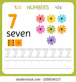 Numbers tracing worksheet for preschool and kindergarten. Writing number Seven. Exercises for kids. Mathematics games. Vector illustration