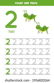 Numbers tracing worksheet. Writing number two. Cute grasshopper.