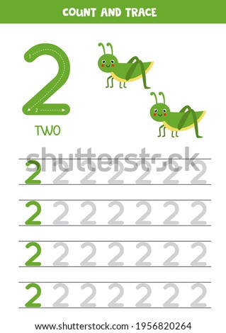 Numbers tracing worksheet. Writing number two. Cute grasshopper.