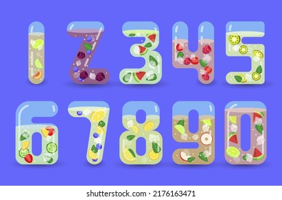 Numbers transparent glass drinks summer cocktail with fruits set vector illustration. Elementary educational letters beverage mathematics symbols for counting studying refreshment water juice
