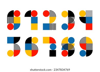 Numbers. Trendy font in retro Bauhaus design style. Artistic geometric printing type. Stylized alphabet drawing in blue, red, yellow and black