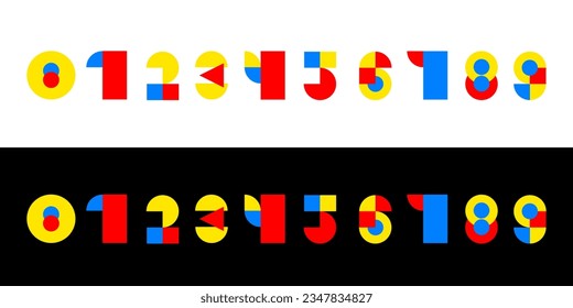 Numbers. Trendy font in retro Bauhaus design style. Artistic geometric printing type drawing in blue, red and yellow circles, triangle and square. Stylized alphabet