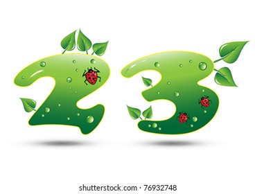 Numbers Two and Three Green Nature Concept Illustration in Vector