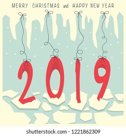 The numbers two, zero, one, nine on the ice. In the upper part of the image icicles, and a phrase merry Christmas and happy new year.
