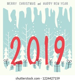 Numbers two, zero ,one ,nine red standing in the snow in a forest . on the snow lie gift boxes with gifts. In the top of the image and the icicles and phrase merry Christmas and a happy New year.
