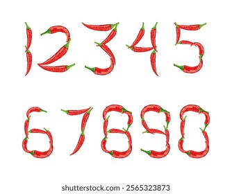 numbers using red chili peppers vector illustration. food lettering typography using chili.