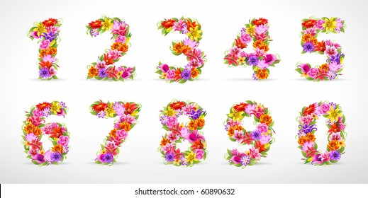 Numbers, Vector Colorful Flower Font