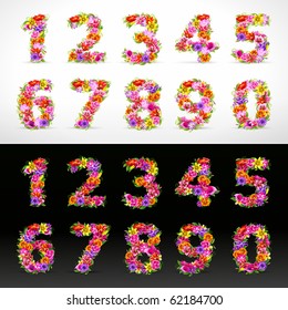 numbers, vector colorful flower font on black and white