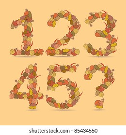 Numbers. Vector colorful font. Autumn theme, leaves and berries.