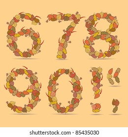 Numbers. Vector colorful font. Autumn theme, leaves and berries.