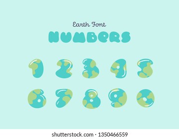 Numbers for vector planet style font design. Blue and green ABC letters symbolize the oceans and continents of Earth. Holiday font. Cartoon letters for greeting card, poster, banner on Worlds Day.