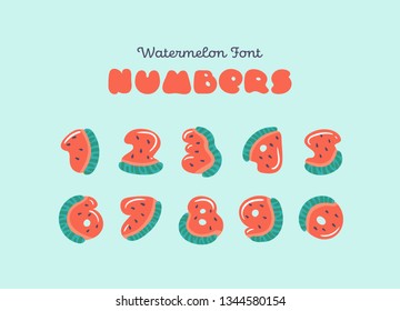 Numbers for vector watermelon font. Cartoon exotic watermelon numbers. Numbers carved from slices of watermelon with seeds and small highlights isolated on background. Fruit summer font for children.