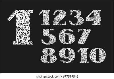 Numbers, white doodles, texture, imitation, vector. Figures with serifs. White letters on a black background. 
