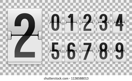 Numbers from White Mechanical Scoreboard; Flip countdown clock counter; Black digit on white board with transparent shadow; Mechanical Scoreboard for web page upcoming event template design