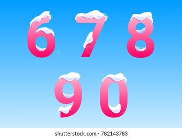 Numbers winter letters with snow caps on blue background