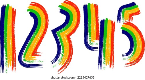 Números escritos con un pincel. Cartas dibujadas a mano. Acuarela. Elementos de diseño ondulados, objetos pintados de forma gruesa.