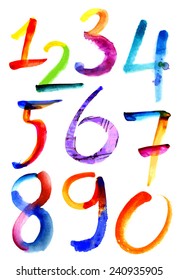 Numbers written with a brush. Hand drawn letters. Watercolor.